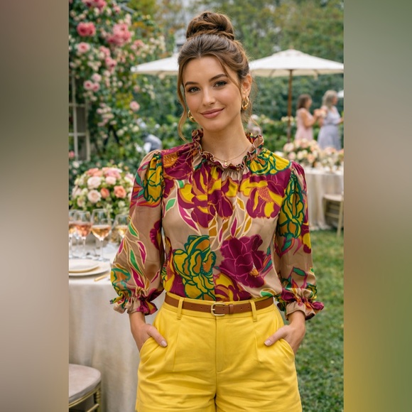 entro Tops - ENTRO Floral Ruffle Neck Blouse in Mustard, Green & Berry SM